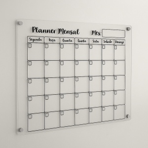 Planner mensal c/ fixador Acrílico 3mm personalizado 55x40cm Varias Cores disponível  Cantos arredondados Pincel e apagador